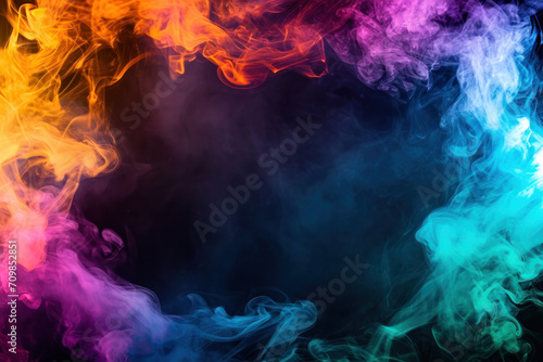 Colourful smoke on a black background, frame made of smoke, copy space 