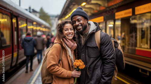Couple smiling in a railway station dock.