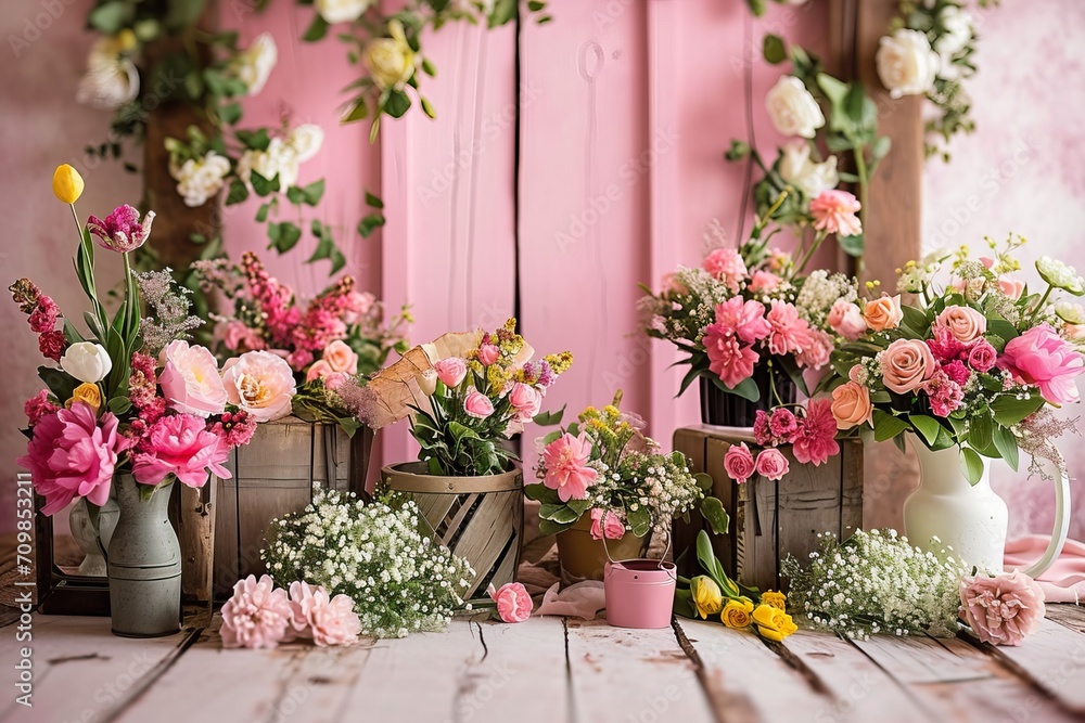 Naklejka premium spring set up with colourful flowers pink , vintage wood parquet.