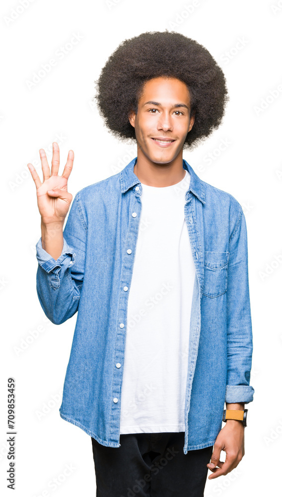 Young african american man with afro hair showing and pointing up with fingers number four while smiling confident and happy. Young african american man with afro hair showing and pointing up with fingers number four while smiling confident and happy.