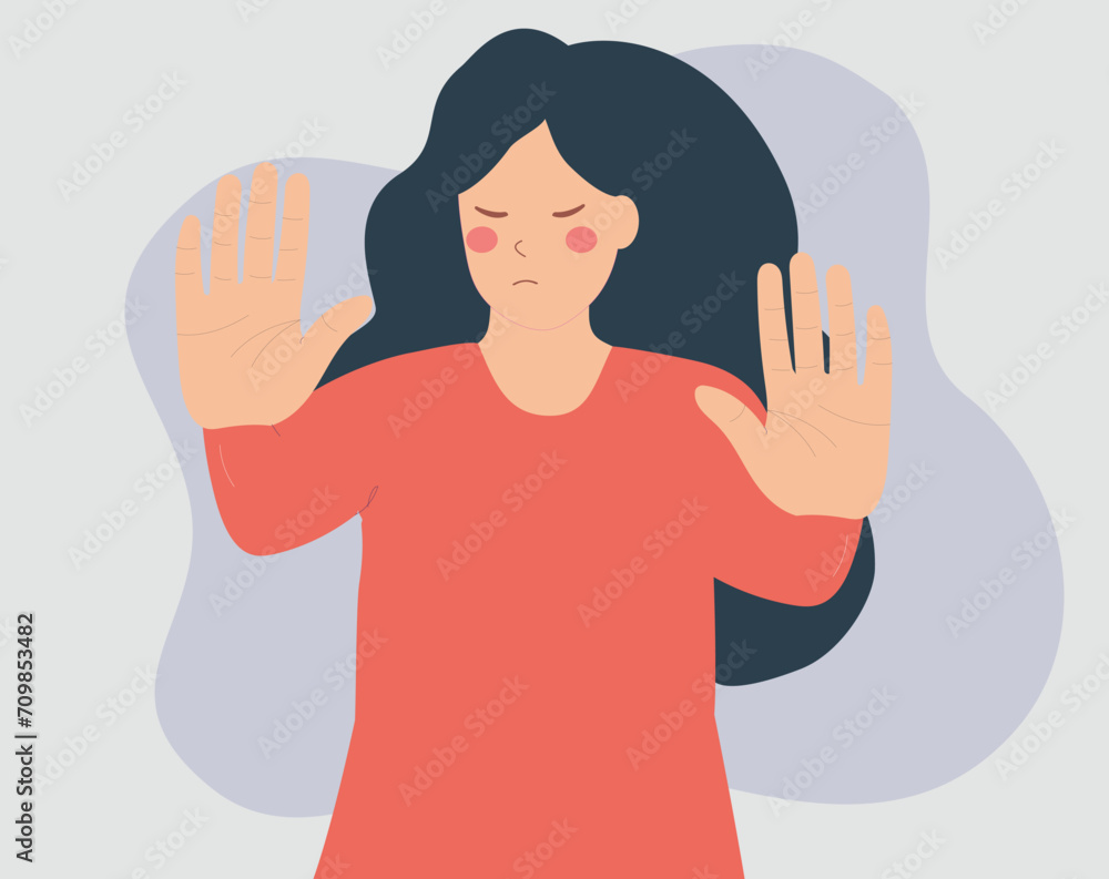 Woman says NO with her hands and protects her rights. Female expresses disagreement. Girl raised her hands to say stop. Body language and nonverbal communication. Women empowerment movement concept. Woman says NO with her hands and protects her rights. Female expresses disagreement. Girl raised her hands to say stop. Body language and nonverbal communication. Women empowerment movement concept.