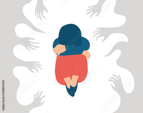 Lonely woman victim of bullying and contempt. Crying woman feels sadness, anxiety and depression due to mental health disorders. Stop violence, abuse and cyberbullying. Vector illustration