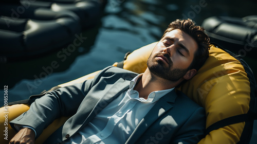 Businessman in suit and tie in a sea in an inflatable boat