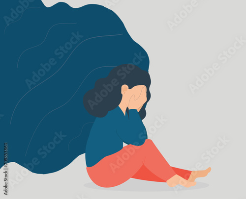 Woman crying and covering her face because of depression and stress. Sad girl with psychological problems needs support and care. Mental health disorders, negative vibes, trauma concept. Vector stock