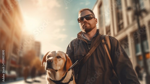 Guided by Loyalty: Man with Guide Dog Navigating the City Streets. Generative ai photo