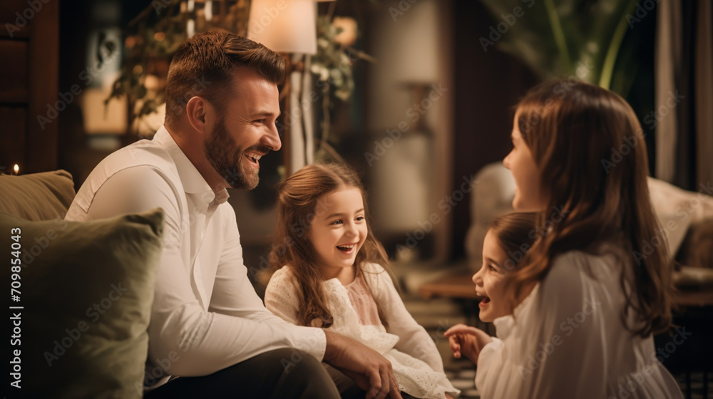 Portrait Of Smiling Family Relaxing On Seat At Home Portrait Of Smiling Family Relaxing On Seat At Home