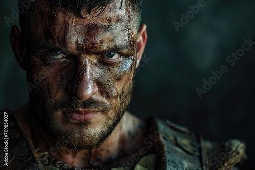 Close-up studio shot of a male gladiator warrior's scarred face, with a look of resolve, against a backdrop of a dimly lit training ground.