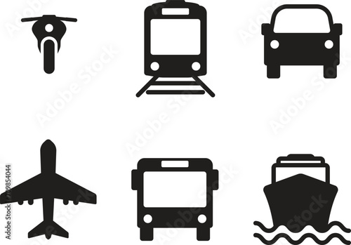 Vehicle icons. Motorcycle, train, car, airplane, bus, ship.