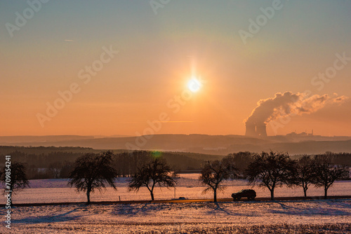 A cold winter evening over Temelin power plant. Czech Republic.