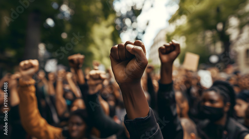 Photo of a group of black people with raised fists as a sign of fighting for their rights © DimaSabaka