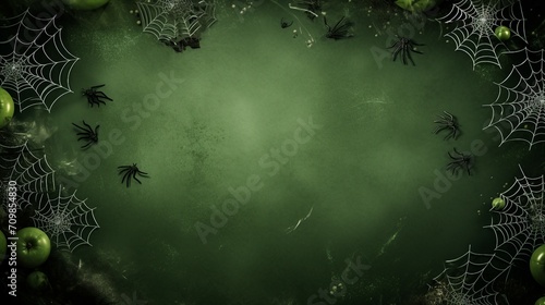 Ghoulish Halloween Decorations: Spooky Top-Down View with Ghostly Spiders and Bats on a Green Background © sunanta