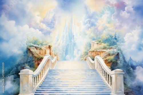 Stairway to heaven in glory, gates of Paradise, meeting God, symbol of Christianity, art illustration painted with watercolors