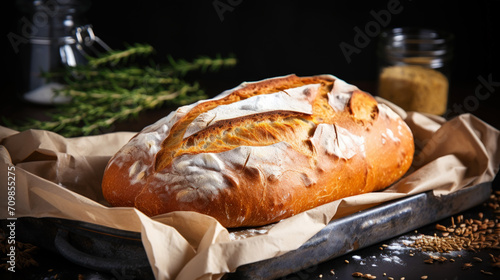 Freshly baked bread on a dark background, close-up. Crispy appetizing crust. Generative AI