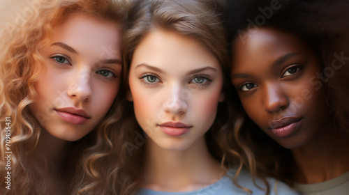 Diversity, beauty and portrait of a group of women in studio for skincare, makeup or cosmetic routine. Feminism, female empowerment and face of multicultural girl friends