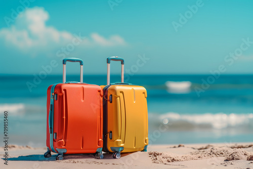 Tropische Reiseträume: Reisegepäck am Sandstrand in tropischen Gefilden, eine idyllische Szene voller Sommerfreuden und Urlaubsträume
