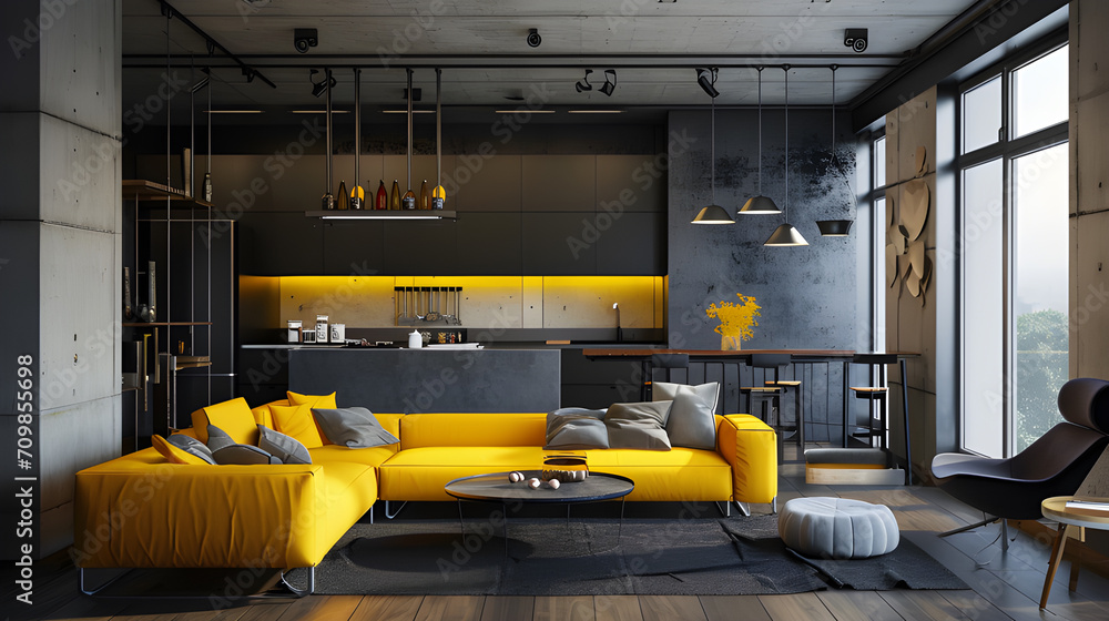 Design a visually striking and modern house interior in loft style, featuring a combination of a black concrete wall and vibrant yellow elements.