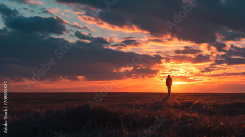 the silhouette of a person standing on an endless plain pose and admiring an incredibly beautiful sunset © MYKHAILO KUSHEI