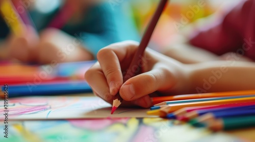 A kid hand using colored pencils drawing on paper. Blurry kindergarten class as background...