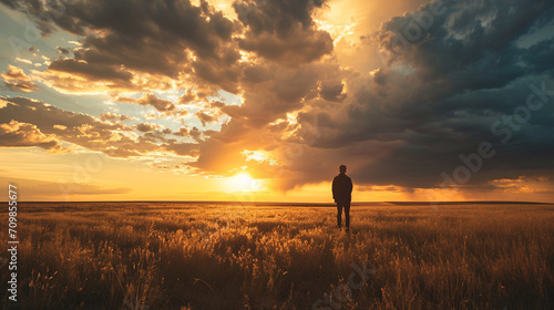 the silhouette of a person standing on an endless plain pose and admiring an incredibly beautiful sunset
