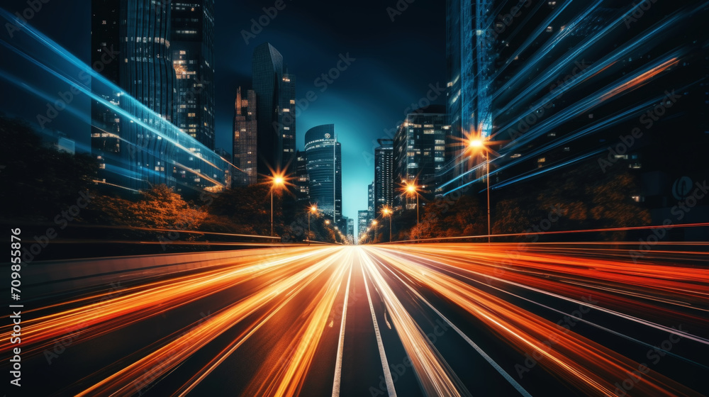 Fototapeta premium Long exposure photo of a night road in a metropolis. Nighttime atmospheric light from cars. Generative AI