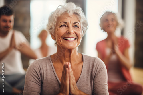Senior happy woman doing yoga , Wellness and Health, Active aging concept 