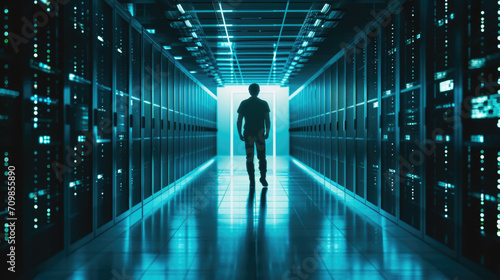 Silhouette of a person standing in the middle of a data center aisle, flanked by server racks with glowing lights © MP Studio