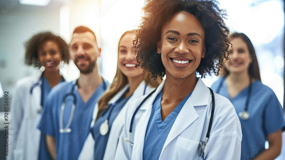 Diverse group of medical professionals, with a doctor in a white lab coat and stethoscope at the forefront, smiling at the camera. Diverse group of medical professionals, with a doctor in a white lab coat and stethoscope at the forefront, smiling at the camera.