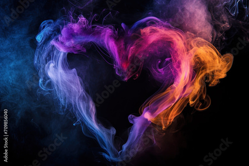 Heart made of colourful smoke on a black background, Valentine concept, copy space 