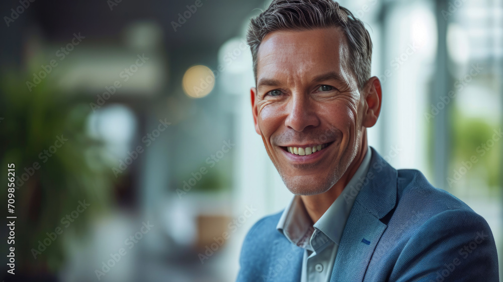 Fototapeta premium Сheerful man smiling confidently with a blurred office background.
