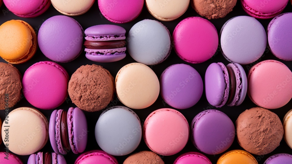 Fototapeta premium Colorful macaron cake with sweet macaroon pattern, top view flat lay, food background