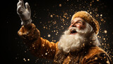 Funny happy excited old bearded Santa Claus face wearing costume looking at camera showing pointing fingers aside advertising