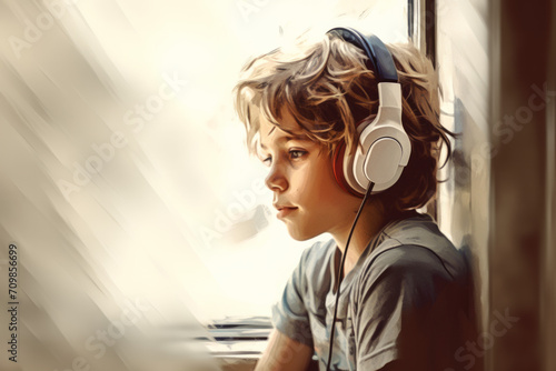 Boy listening to music with sketch effect photo