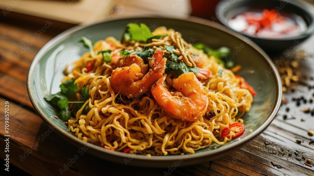 Fried noodle with fried shrimps as toping. served in the plate Fried noodle with fried shrimps as toping. served in the plate