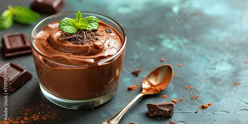 Chocolate Mousse Delight. Velvety chocolate mousse garnished with chocolate shavings and a mint leaf on flat kitchen background with copy space.