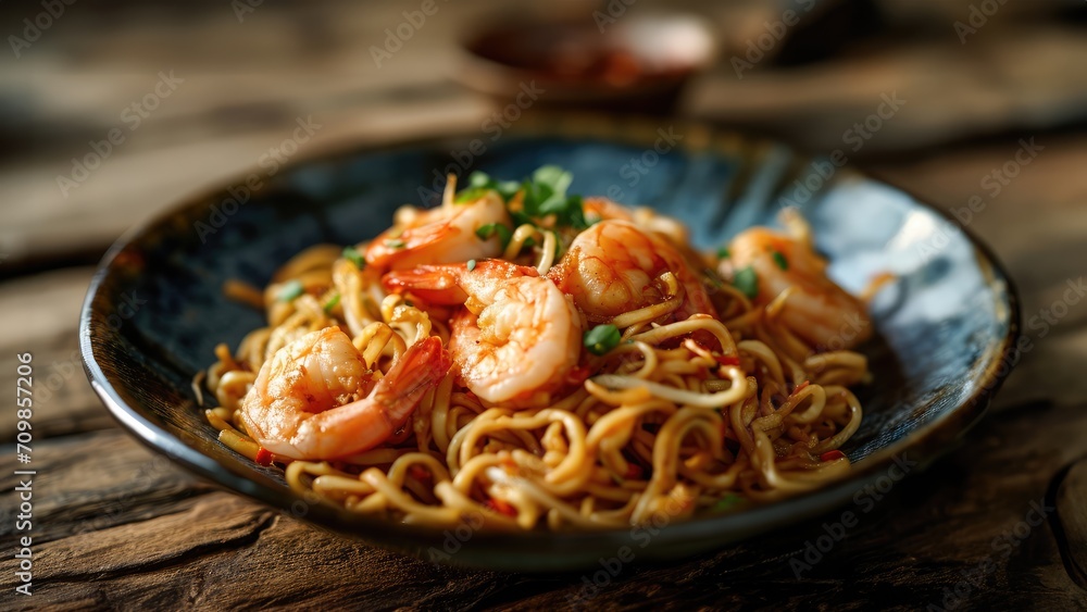 Fried noodle with fried shrimps as toping. served in the plate