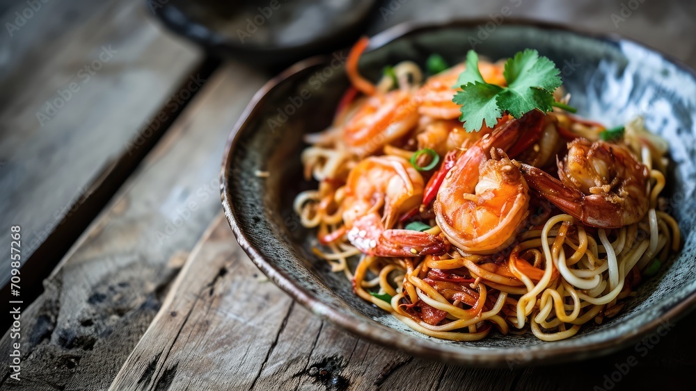 Fried noodle with fried shrimps as toping. served in the plate Fried noodle with fried shrimps as toping. served in the plate