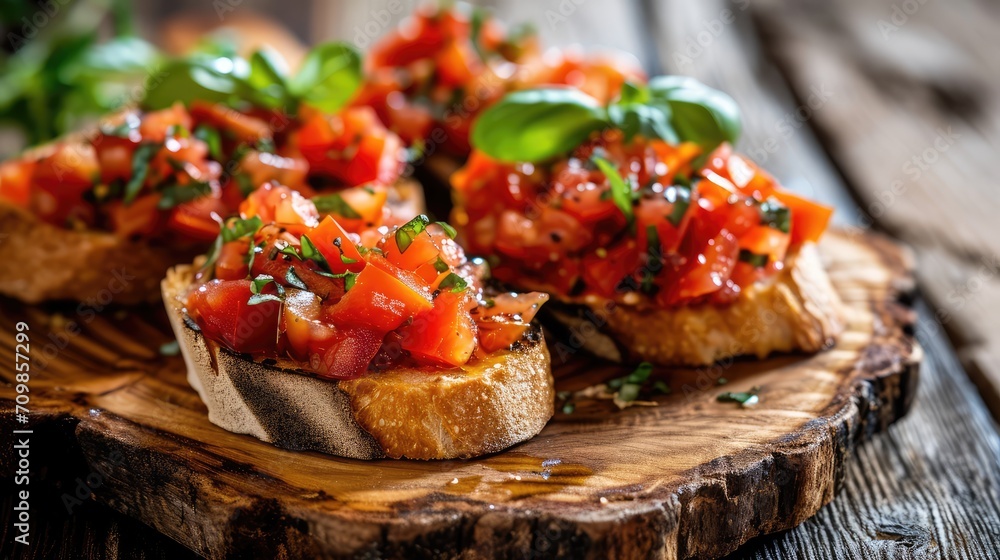 Italian Bruschetta Appetizer served on the wooden plate. Italian Bruschetta Appetizer served on the wooden plate.