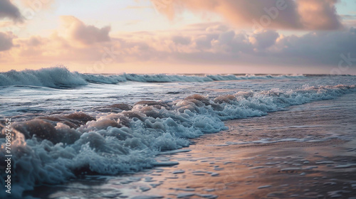 beautiful sea waves hitting the sandy shore against the background of an incredibly beautiful sky with a light pink tint at sunset