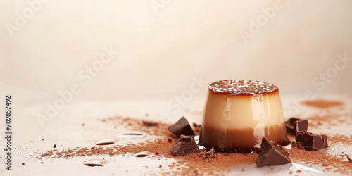 Closeup cake chocoflan, flan with chocolate powder, choco mousse sponge cake, delicious sweet dessert on kitchen background with copy space. photo