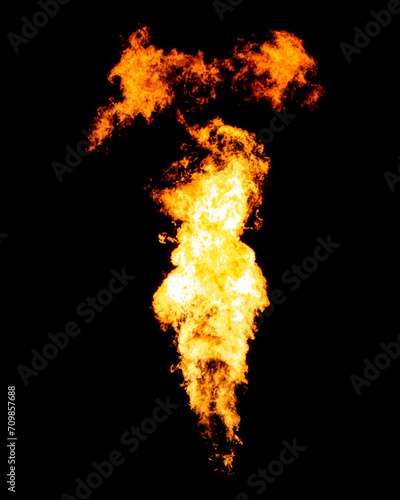Fire jet goes from gas burner. Flame isolated on black