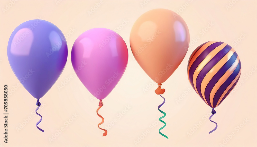 Naklejka premium 3D Festive balloons. Birthday party decoration. Holiday element. Striped pattern on the balls. Pink and purple color. Cartoon creative design icon isolated on white background