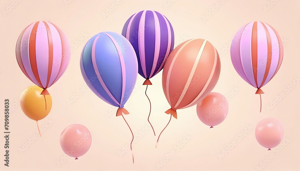 3D Festive balloons. Birthday party decoration. Holiday element. Striped pattern on the balls. Pink and purple color. Cartoon creative design icon isolated on white background 3D Festive balloons. Birthday party decoration. Holiday element. Striped pattern on the balls. Pink and purple color. Cartoon creative design icon isolated on white background