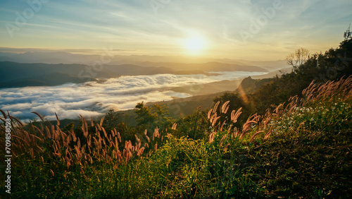 Morning fog at doi samer dao at Sri Nan national park, Thailand. Beautiful landscape Sea fog or sea of cloud view in the morning. Sunbeam in the mountains and mist.