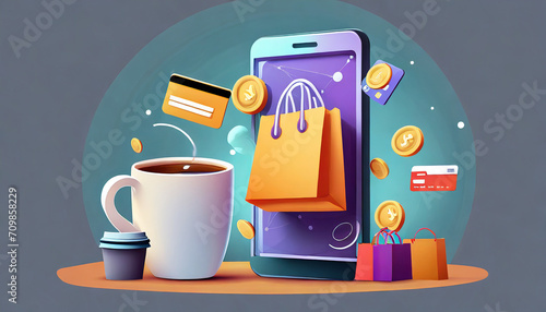 3D Online shopping via phone with credit card. Online payment concept. Floating shopping bag and coffee cup. Cashback for purchase. Cartoon design icon isolated on background