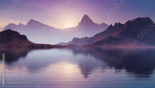 3d render  fantasy landscape panorama with mountains reflecting in the water. Abstract background. Spiritual zen wallpaper with skyline