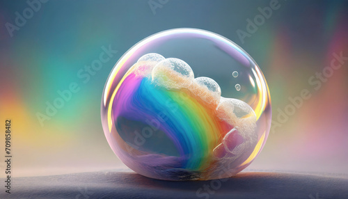 3D Soap bubble floating on white background. Water foam bubbles with rainbow colors