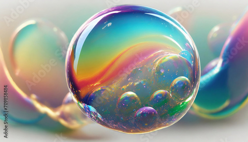 3D Soap bubble floating on white background. Water foam bubbles with rainbow colors © richard
