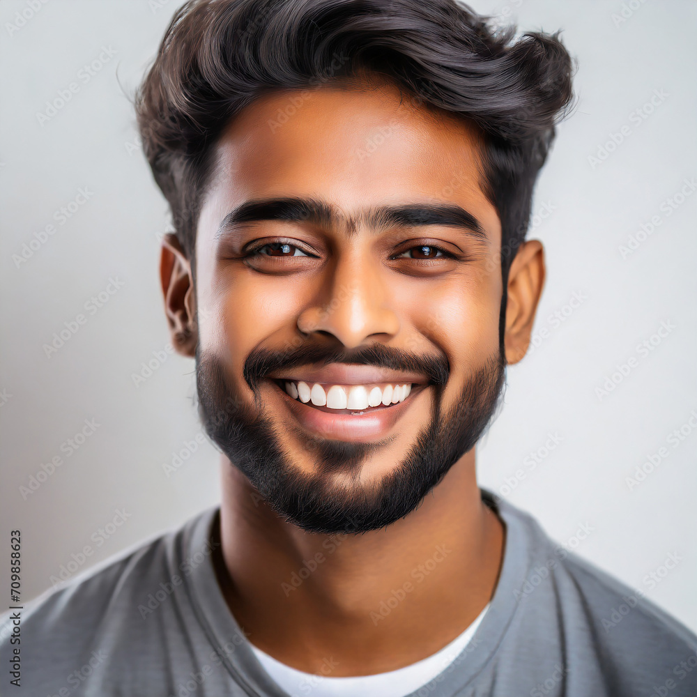 a closeup photo portrait of a handsome indian man smiling with clean teeth. used for a dental ad. guy with fresh stylish hair and beard with strong jawline. isolated on white background a closeup photo portrait of a handsome indian man smiling with clean teeth. used for a dental ad. guy with fresh stylish hair and beard with strong jawline. isolated on white background
