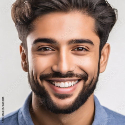 a closeup photo portrait of a handsome indian man smiling with clean teeth. used for a dental ad. guy with fresh stylish hair and beard with strong jawline. isolated on white background