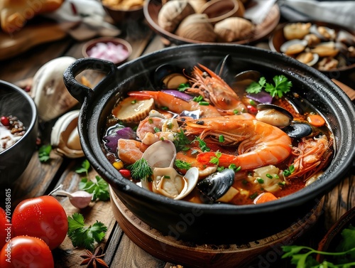 Seafood hotpot served on the wooden table.